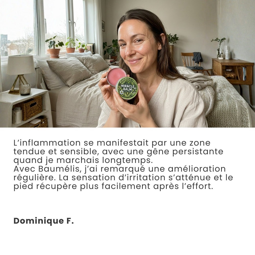 Cliente tenant le Baumélis Miracle Balm — témoignage sur le confort au quotidien après l’effort.