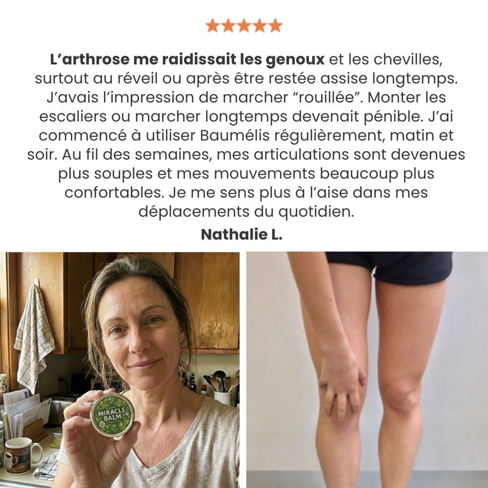 Témoignage cliente Nathalie L. — cliente avec le baume Baumélis, photo et ressenti de confort au quotidien.