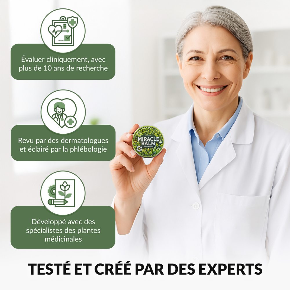 Baumélis Baume Miracle, testé et créé par des experts, évalué cliniquement, plus de 10 ans de recherche, revu par des dermatologues, phlébologie, plantes médicinales, baume naturel, visuel crédibilité