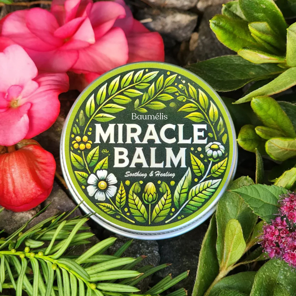 Baumélis Baume Miracle, baume naturel, soins jambes lourdes, massage circulation, confort veines, plantes botaniques, baume apaisant, packshot boîte métal