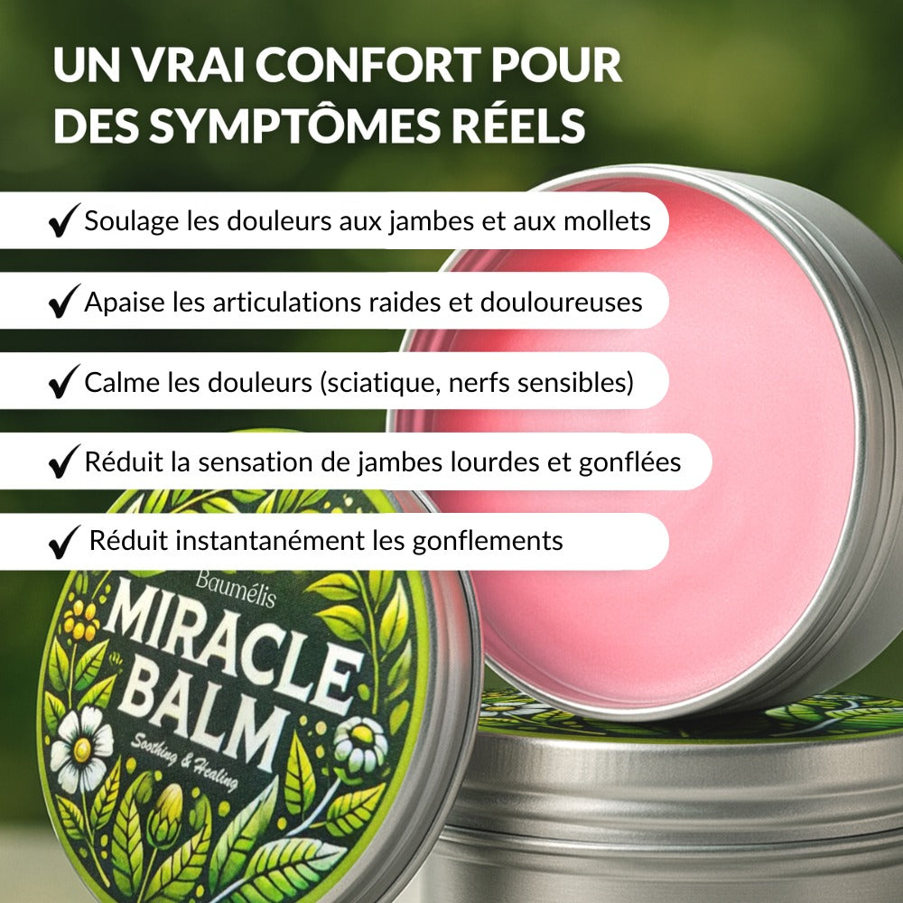 Visuel Baumélis Miracle Balm — liste de bénéfices de confort au quotidien (jambes, sensations de fatigue, confort musculaire).