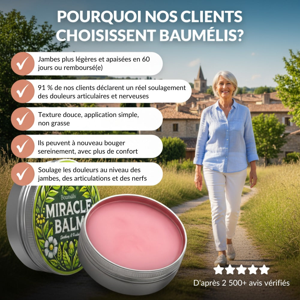 Visuel Baumélis — raisons de choix des clients et preuve sociale, avec photo lifestyle et baume Miracle Balm.