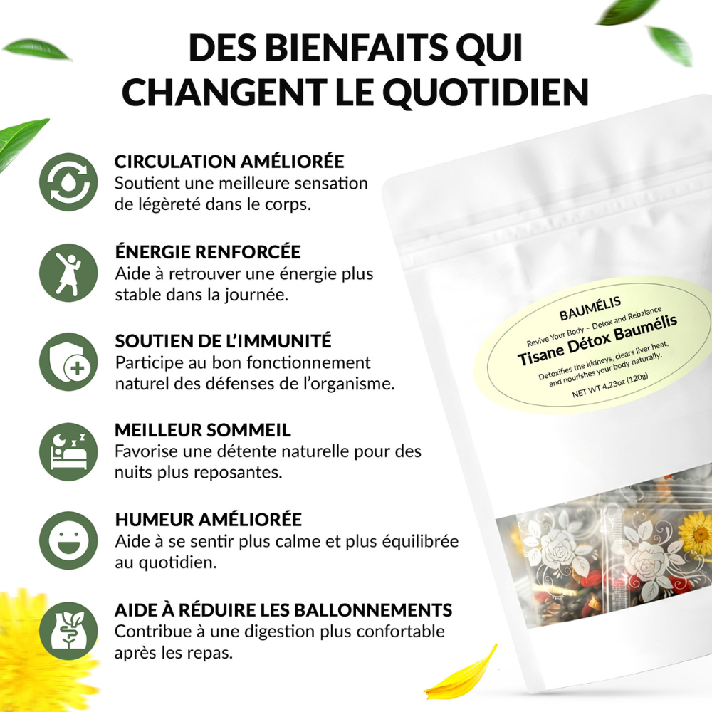  Infographie Tisane Détox Baumélis — bénéfices au quotidien (énergie, sommeil, bien-être, digestion), avec packshot.